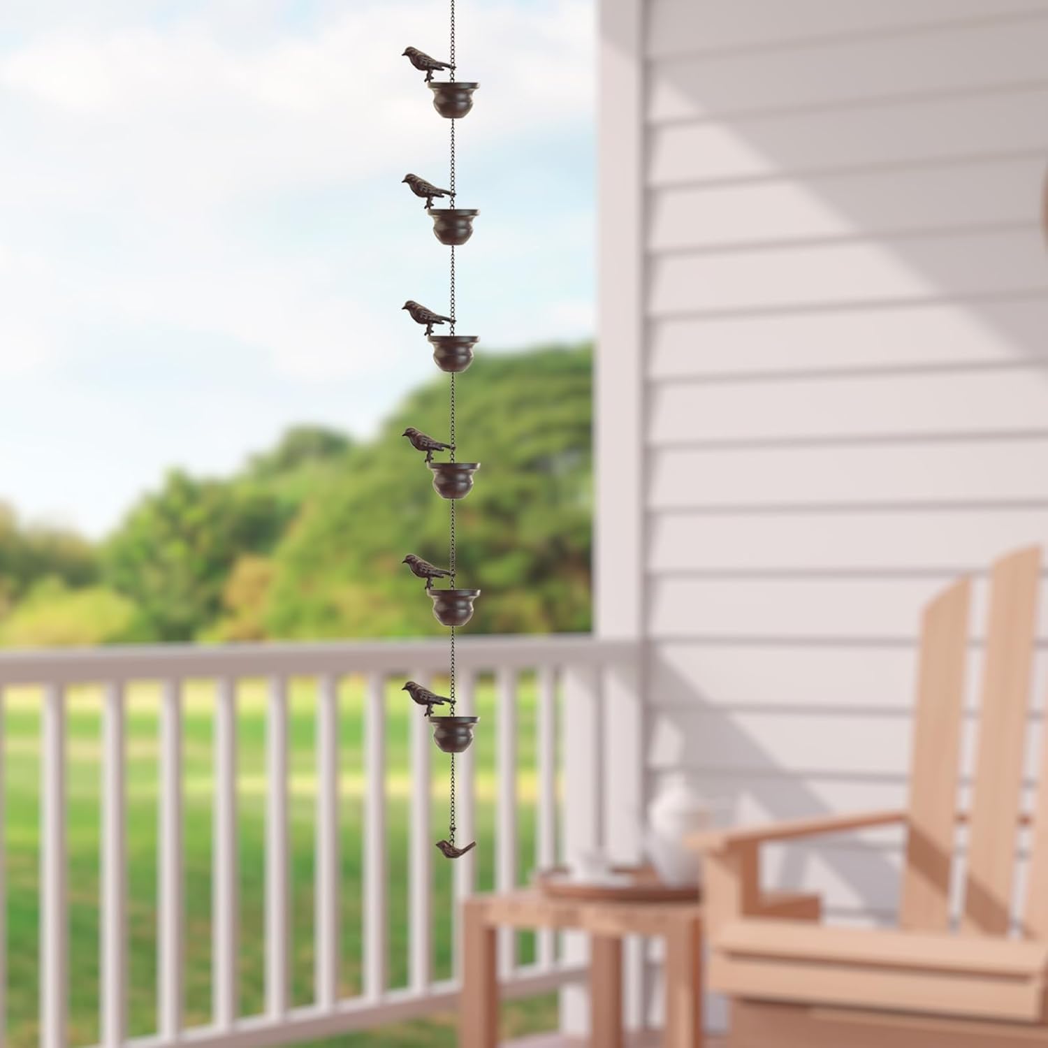 Where Rain Meets Art – Decorative Rain Chain with Bird Bath Design