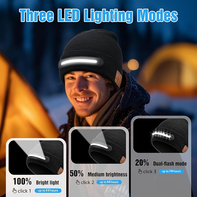 🎁Last Day Promotion 49% OFF🔥Bluetooth Beanie with Light, Unisex USB Rechargeable 4 LED Fashlight Hat with Cordless Headphones