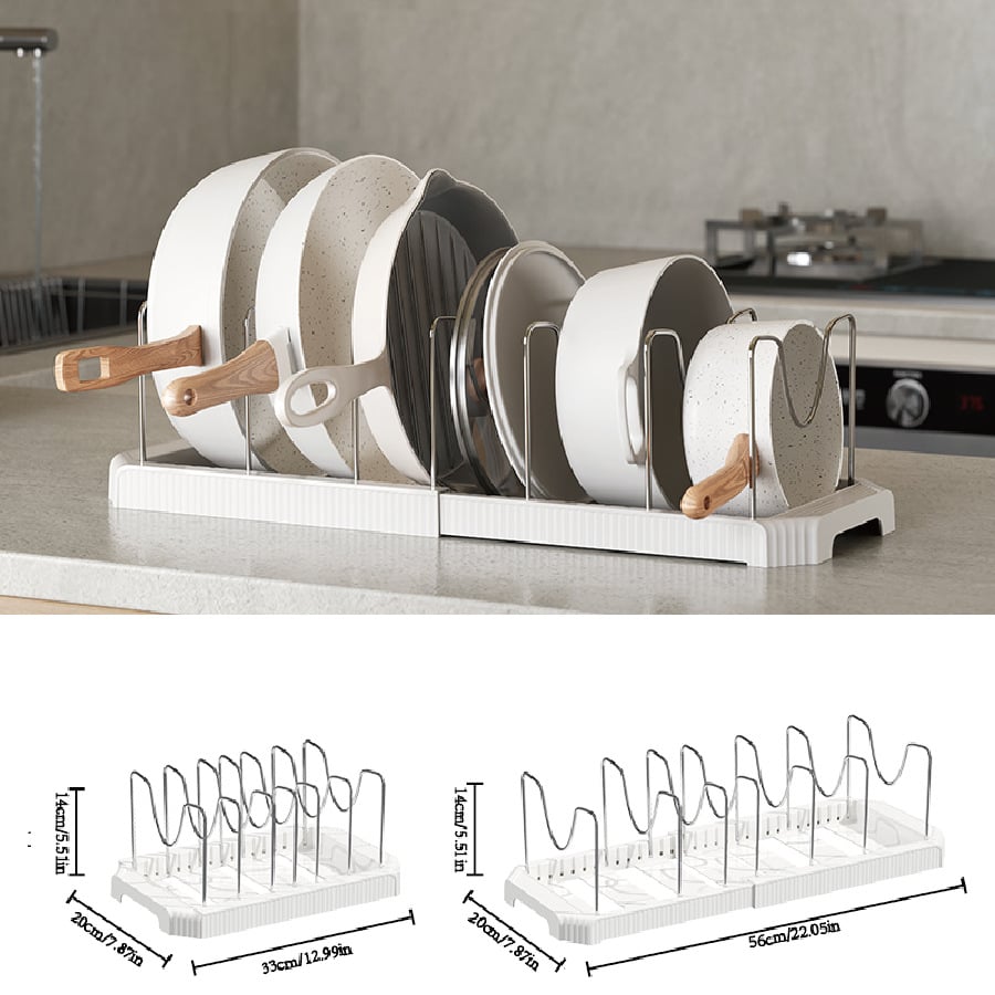 Pots and Pans Organizer Under Cabinet Pot Rack Expandable Pot Lid Holder with  Adjustable Dividers for Kitchen Storage Cutting Boards, Bakeware, Lid