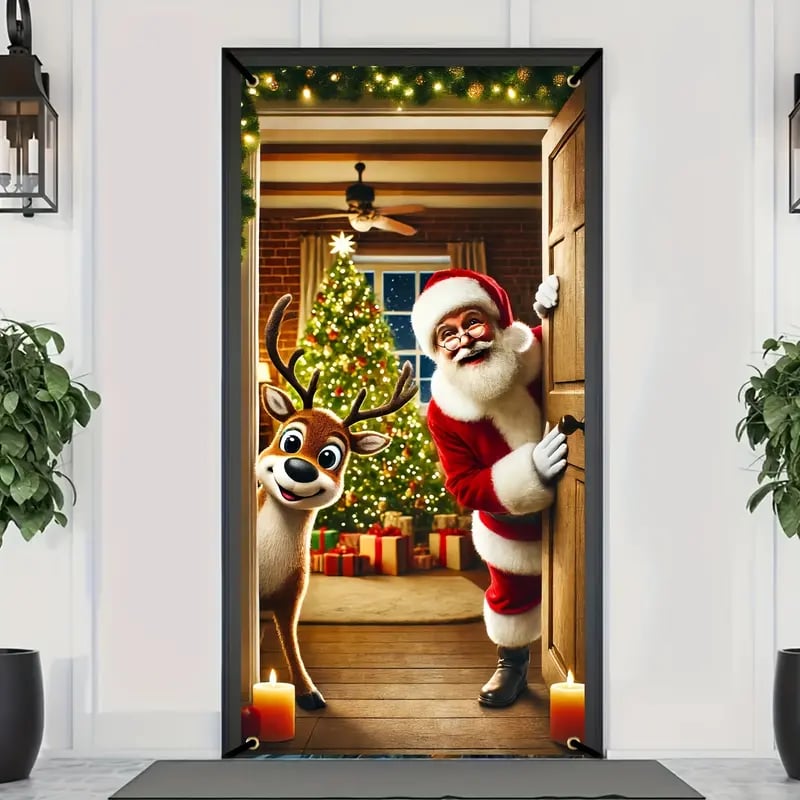 Santa Claus Door Frame Banner - Merry Christmas & Happy New Year Polyester Decoration, 70x35 inches,Suitable for Bedrooms and Doors