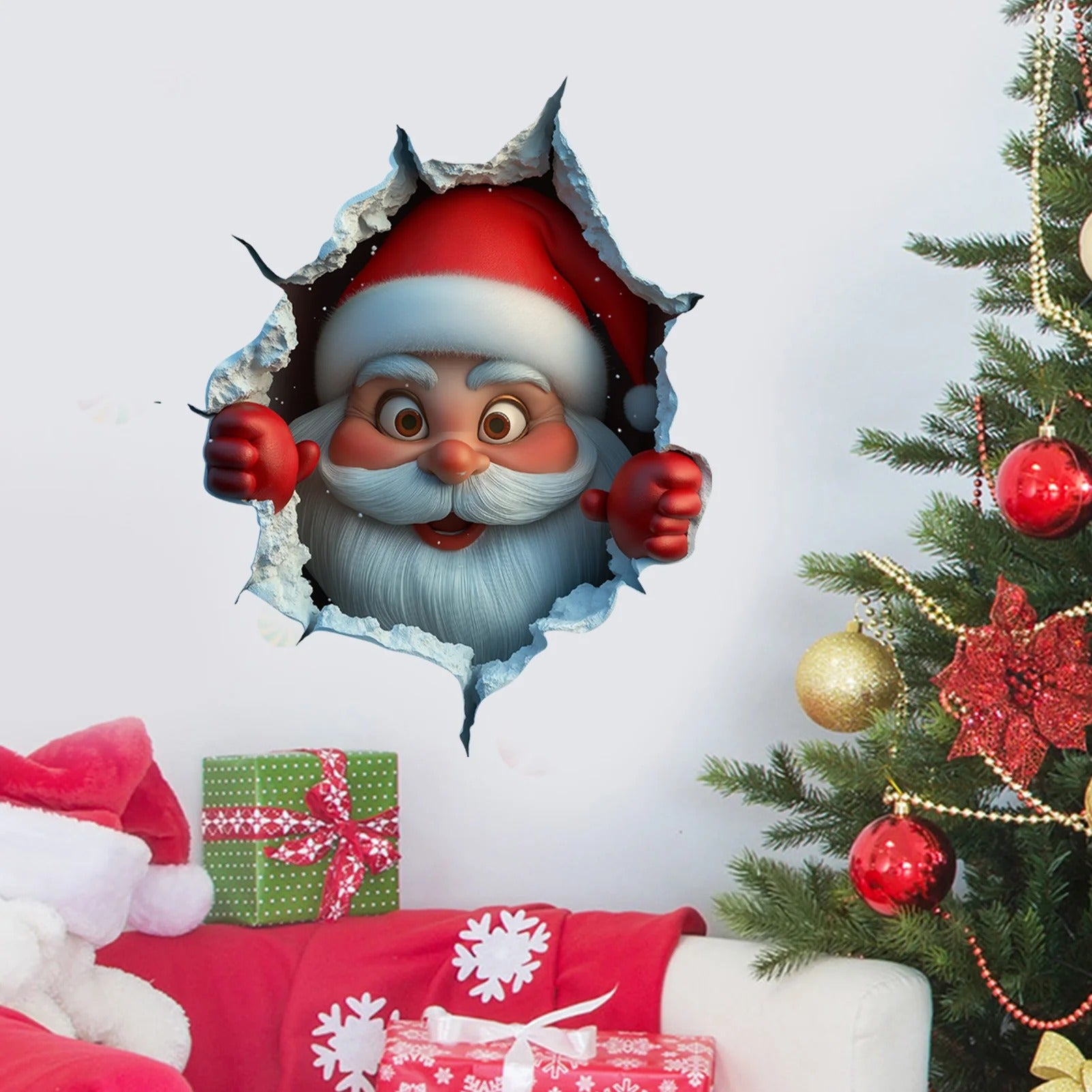 Christmas Wall Stickers, Santa Claus Breaking Through Wall Design, Living Room Decor🎅🏻